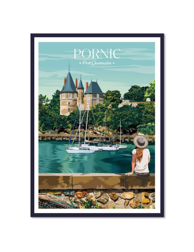 Affiche vintage Pornic – Port Gourmalon et château encadrée