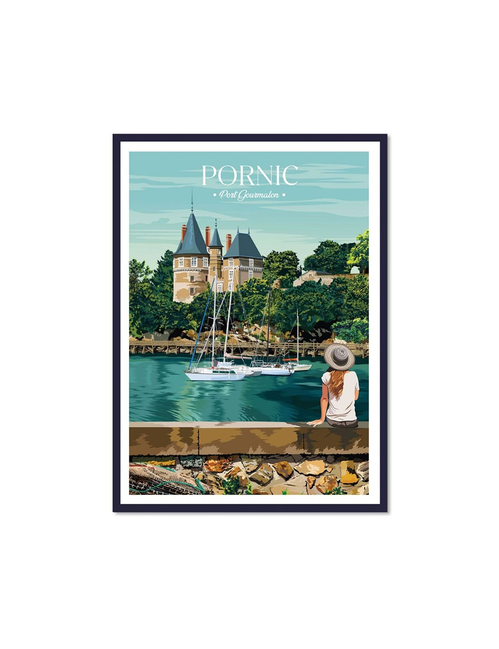 Affiche vintage Pornic – Port Gourmalon et château encadrée
