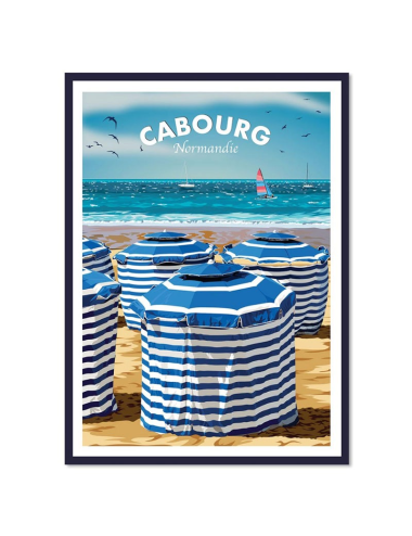 Affiche vintage Cabourg – Plage et cabines rayées en Normandie
