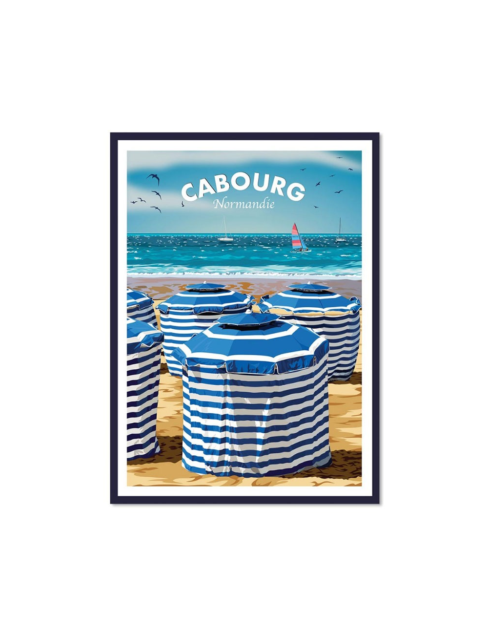 Affiche vintage Cabourg – Plage et cabines rayées en Normandie