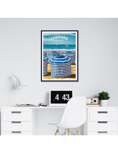 Affiche vintage Cabourg – Plage et cabines rayées en Normandie