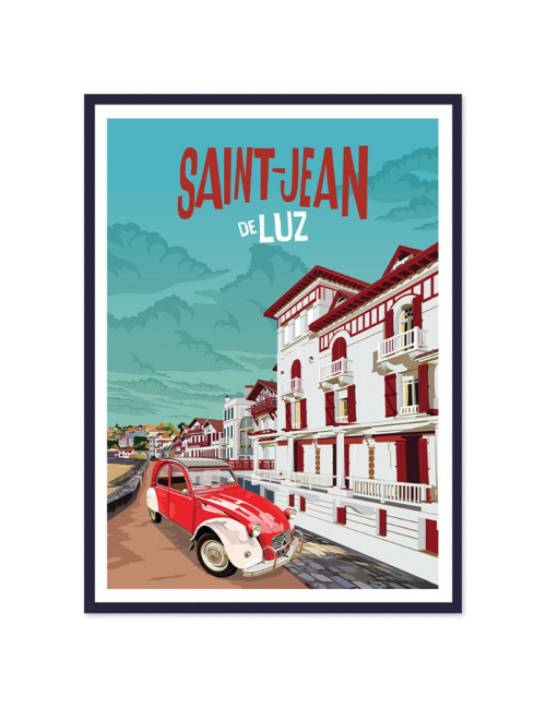 Affiche encadrée vintage Saint-Jean-de-Luz – 2CV & façades