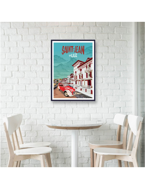 Affiche encadrée vintage Saint-Jean-de-Luz – 2CV & façades