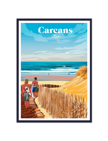 Affiche vintage encadrée Carcans – Surfeurs sur la plage