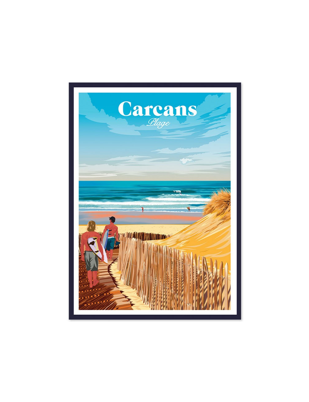 Affiche vintage encadrée Carcans – Surfeurs sur la plage