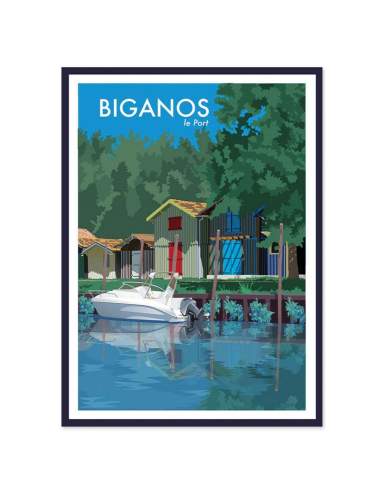 Affiche vintage encadrée Biganos – Poster déco port coloré