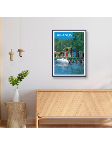 Affiche vintage encadrée Biganos – Poster déco port coloré