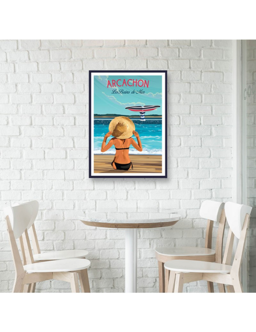 Affiche Arcachon vintage femme plage encadrée