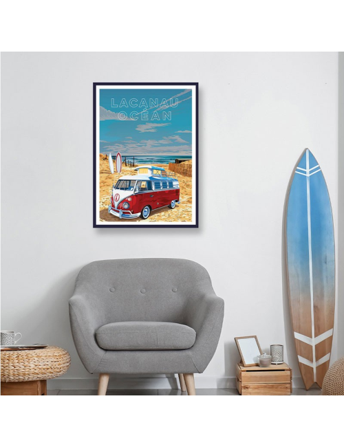 Affiche Lacanau Océan combi surf encadrée vintage