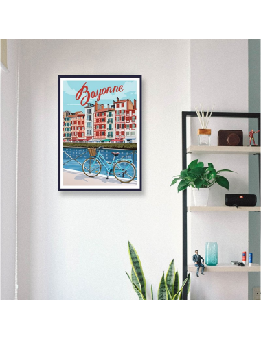 Affiche encadrée Bayonne – Poster vintage vélo et maisons basques