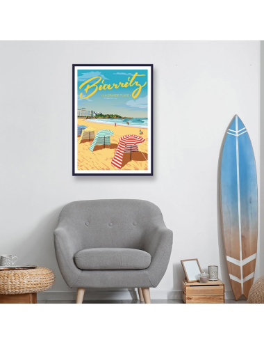 Affiche vintage Biarritz – Poster encadré plage et parasols colorés