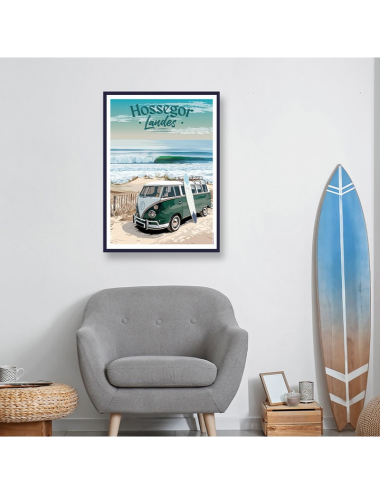 Affiche vintage Hossegor – Poster surf, combi VW et plage des Landes
