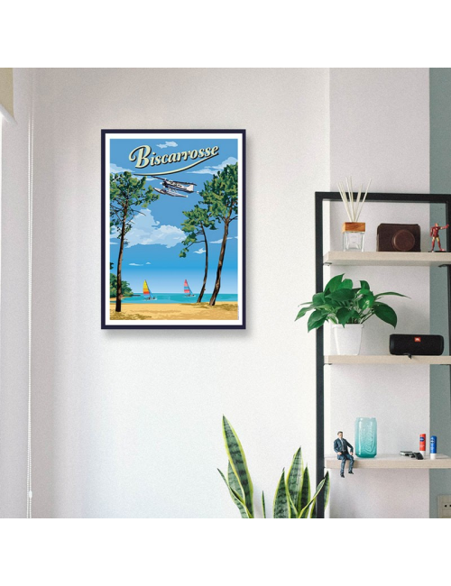 Affiche Biscarrosse vintage lac pins voiliers encadrée