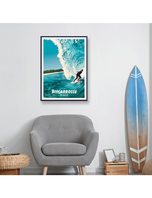 Affiche Biscarrosse Plage surf encadrée vintage