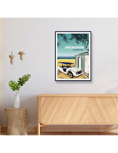 Affiche vintage Arcachon – Poster encadré Le Moulleau et Méhari plage