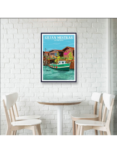 Affiche Gujan-Mestras – Poster vintage ports ostréicoles et bateau vert