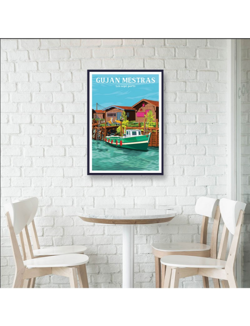 Affiche Gujan-Mestras encadrée ports cabanes vintage
