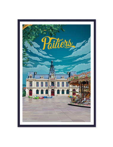 Affiche vintage encadrée Poitiers – Hôtel de Ville & manège