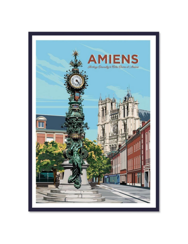 Affiche vintage encadrée Amiens Horloge & Cathédrale