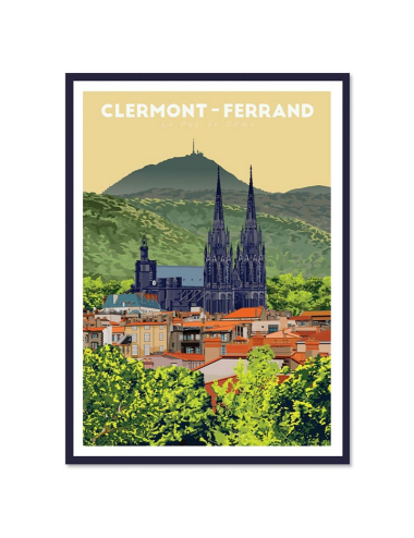 Affiche rétro encadrée Clermont-Ferrand – Cathédrale & volcan
