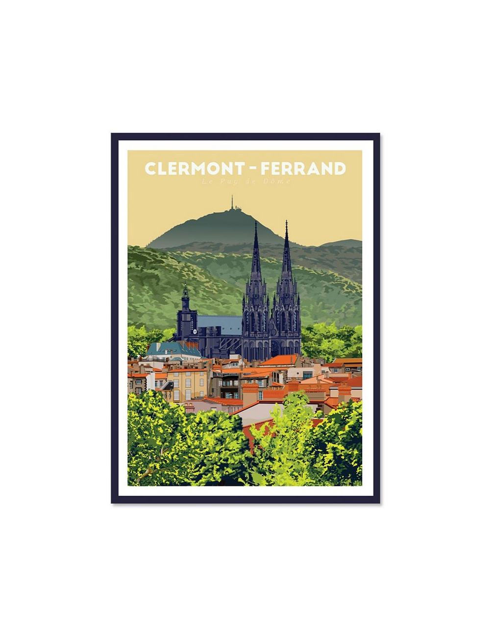 Affiche rétro encadrée Clermont-Ferrand – Cathédrale & volcan