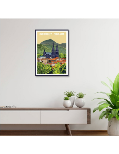 Affiche rétro encadrée Clermont-Ferrand – Cathédrale & volcan