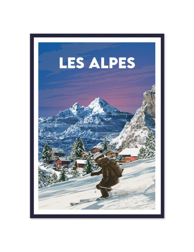 Affiche encadrée rétro Les Alpes – Skieur en montagne