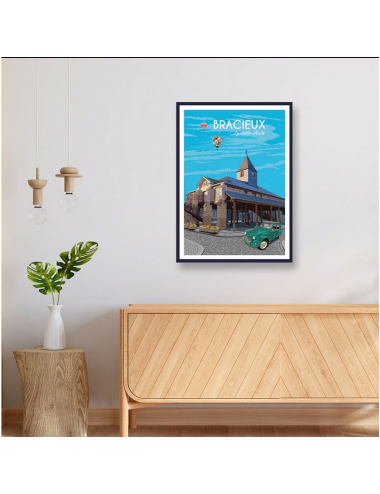 Poster vintage Bracieux encadré vieille halle et 2CV