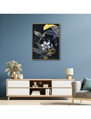 Tableau perroquets tropicaux rétro – bleu et doré 60x80 cm