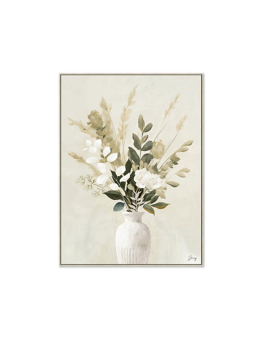 Tableau feuillages blancs et verts doux-60x80