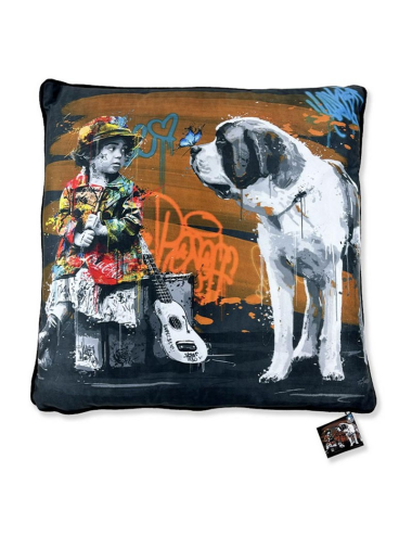 Tableau contemporain sur coussin "La patite fille et le chien",Romaric