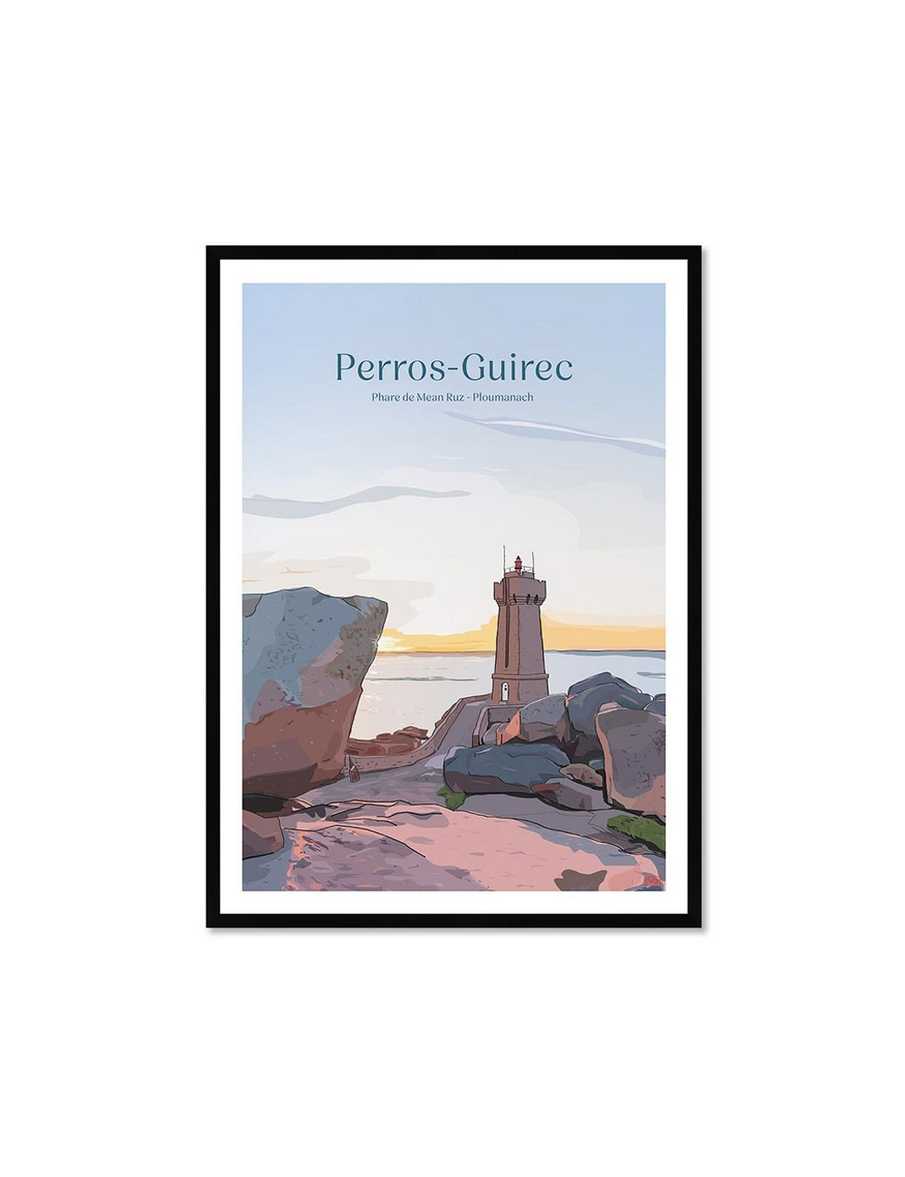 Affiche rétro Perros-Guirec – Phare de Mean Ruz encadrée
