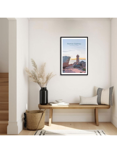 Affiche rétro Perros-Guirec – Phare de Mean Ruz encadrée