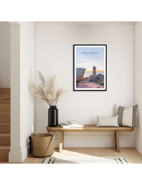 Affiche rétro Perros-Guirec – Phare de Mean Ruz encadrée