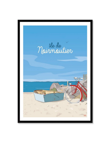 Affiche rétro Noirmoutier encadrée – Poster vintage plage et vélo