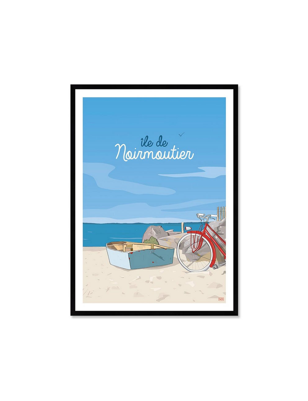 Affiche rétro Île de Noirmoutier encadrée – Vélo et plage