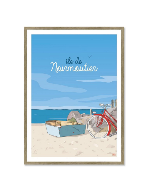Affiche rétro Île de Noirmoutier encadrée – Vélo et plage