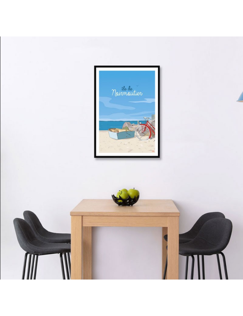 Affiche rétro Île de Noirmoutier encadrée – Vélo et plage