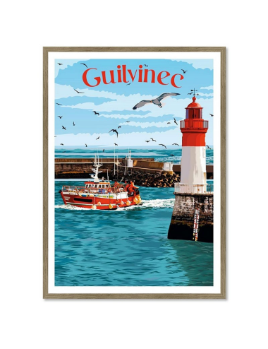 Affiche vintage Guilvinec – Phare et bateau de pêche en Bretagne