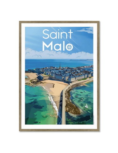 Affiche encadrée Saint-Malo – Vue illustrée des remparts et des plages