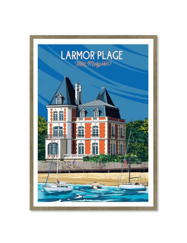Affiche vintage encadrée de Larmor-Plage avec Villa Margaret et voiliers