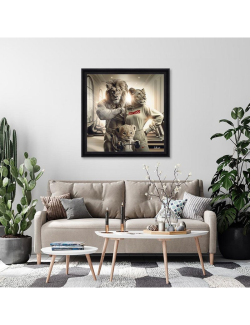 Tableau Lions Fitness – Sylvain Binet – grand format 100x100 cm