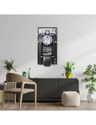 Sculpture murale moto métal avec horloge