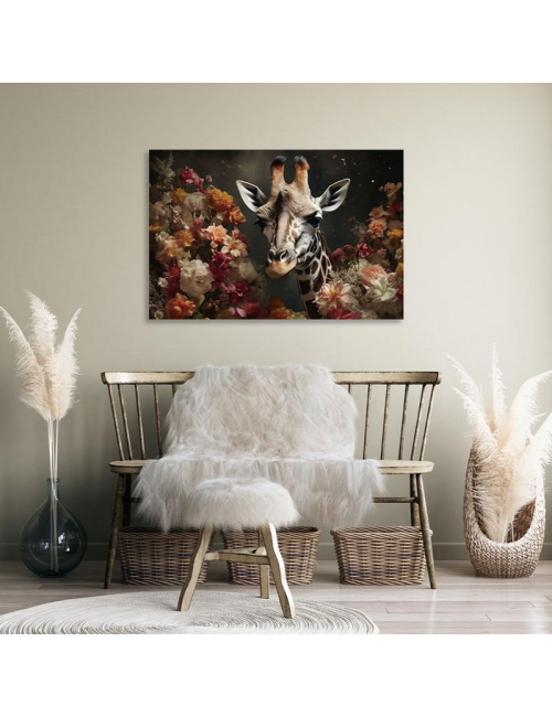 Tableau en verre Girafe et fleurs