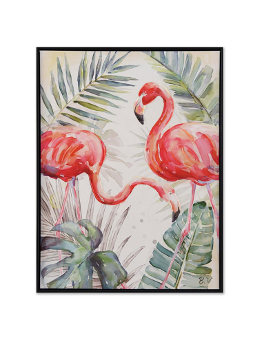 Tableau flamants roses et feuillage aquarelle