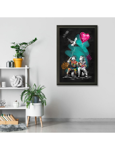 Tableau contemporain Romaric "Le garçon la fille et la colombe", 91 x 131 cm