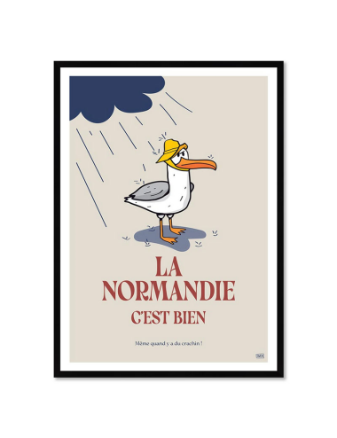 Affiche rétro Normandie encadrée – poster goéland pluie humoristique