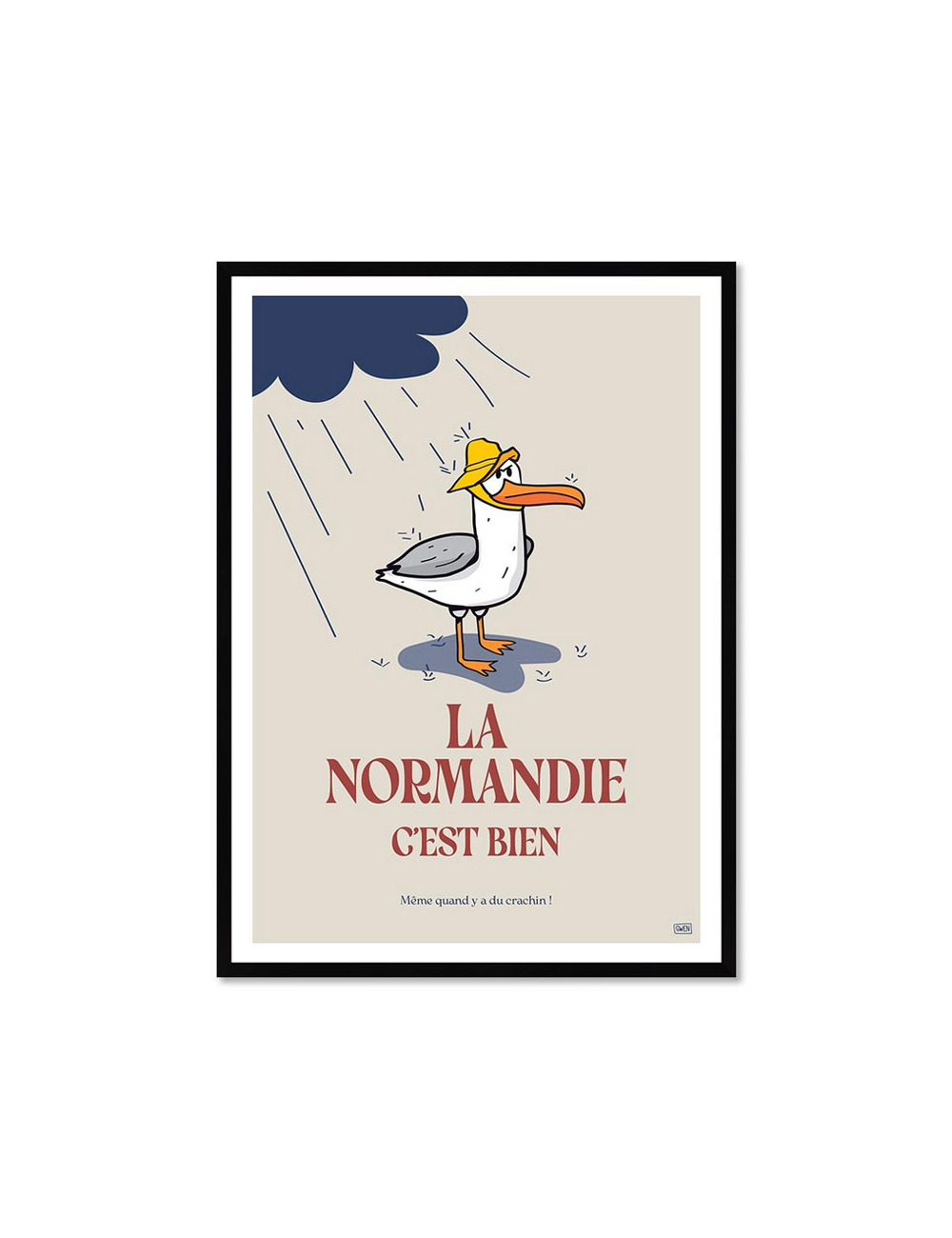 Affiche humour rétro Normandie encadrée – Goéland sous la pluie