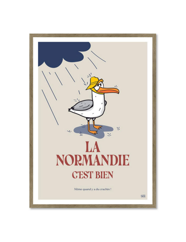 Affiche rétro Normandie encadrée – poster goéland pluie humoristique
