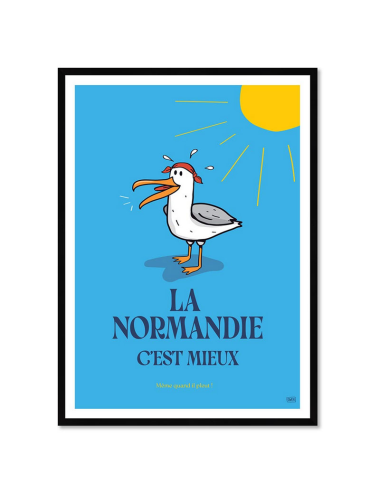 Affiche rétro Normandie encadrée – poster goéland humoristique